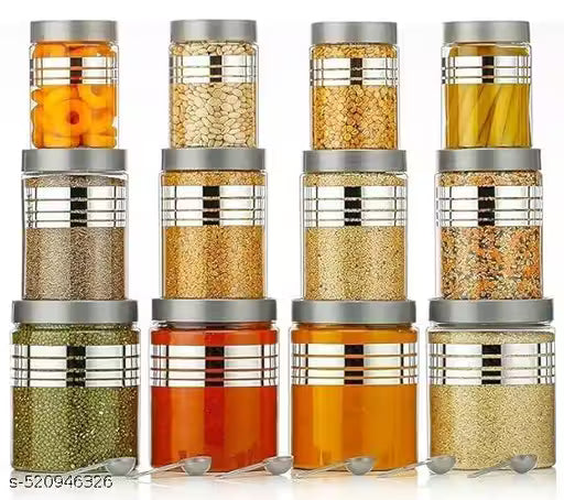 Plastic Storage Jar and Container Set of 12 (4 x 350ml, 4 x 650ml, 4 x 1200ml) with Spoons
