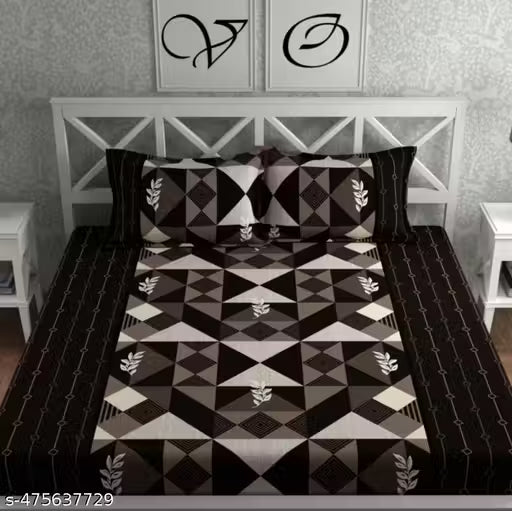 Elastic Fitted Glace-Cotton Bedsheets For Double Bed With 2 Pillow Covers