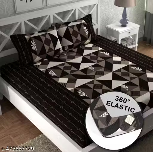 Elastic Fitted Glace-Cotton Bedsheets For Double Bed With 2 Pillow Covers