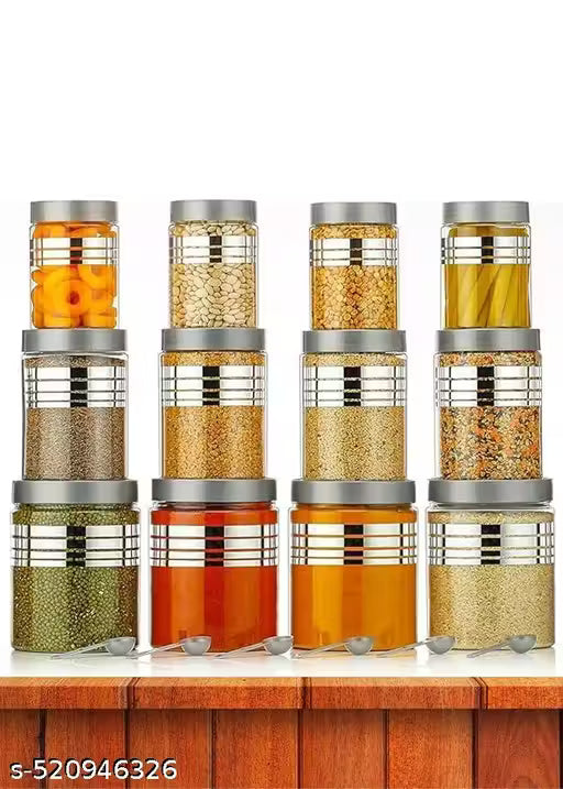 Plastic Storage Jar and Container Set of 12 (4 x 350ml, 4 x 650ml, 4 x 1200ml) with Spoons